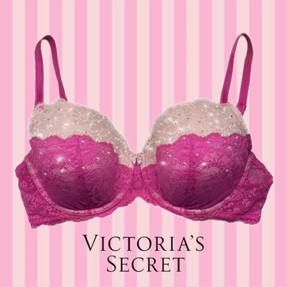 Victoria’s Secret, Dream Angels Pink Lace Crystal Studded Demi Bra 38D